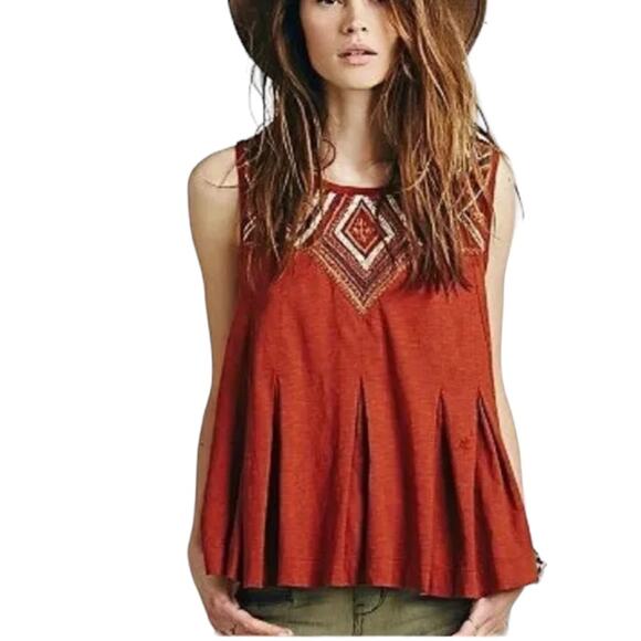 Free People Libertine Metallic Stitch Terracotta Open Tie Back Pleated Tank Sz M - Picture 1 of 13